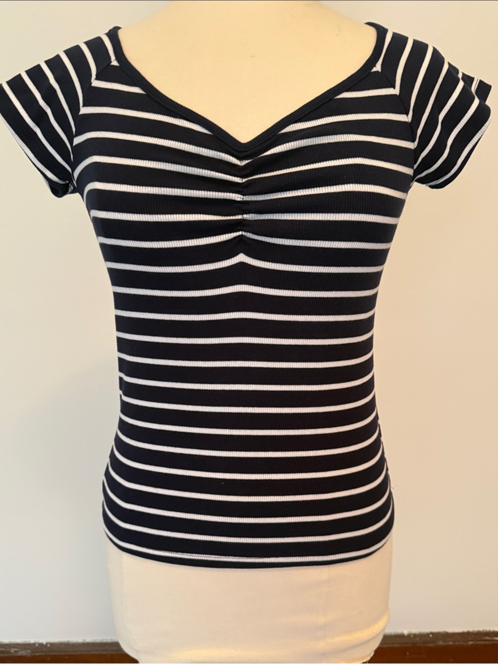 Navy and White Striped V-Neck Short Sleeve Top